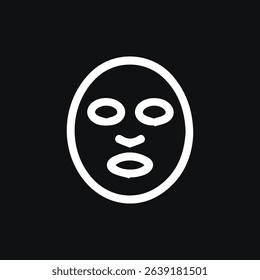 A simple white outline of a facial mask on a black background ideal for illustrating skincare products and beauty treatments.