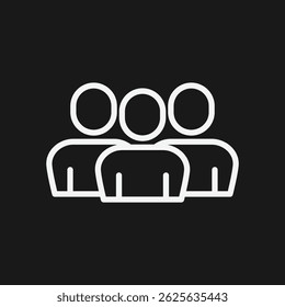 Icono de contorno blanco simple de un grupo de tres Personas que representan el trabajo en equipo, la conexión social y los Perfiles del usuario sobre un fondo oscuro