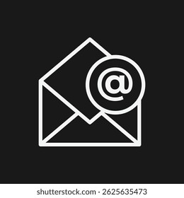 Simple White Outline Icon of an Open Email Envelope with an At Symbol, Representing Contact, Communication, and Online Messaging on a Dark Background