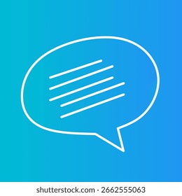 Um contorno branco simples de uma bolha de fala com quatro linhas horizontais internas, posicionadas contra um fundo vibrante de gradiente azul e ciano. Ele representa comunicação, conversa e mensagens.