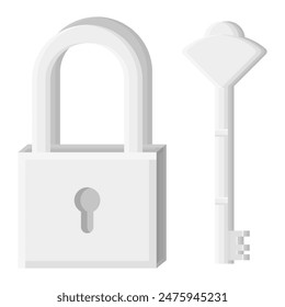 Simple White Padlock and Key Design. Illustration of Locked Padlock. White Key Vector.