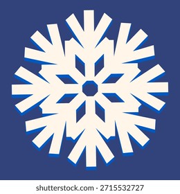 Simple white paper snowflake with bold geometric shape on dark blue background. Winter and Christmas illustration perfect for holiday greeting cards, patterns, wrapping and seasonal design projects.