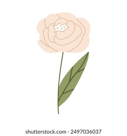 Simple white peony flower. Flat vector illustration isolated on white background.