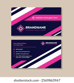 Simple white and pink diagonal elements design on dark blue background business card. double sided horizontal layout.