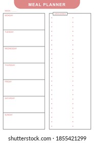 Simple White Pink Weekly Meal Planner Schedule With Daily Table And Grocery Shopping List Print Vector Template