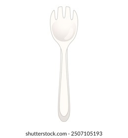 Einfache weiße Kunststoffgabel, die aufrecht steht, perfekt zur Illustration von Einwegbesteck für Picknicks oder zum Mitnehmen