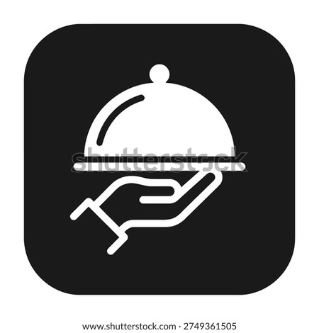 Simple white serving tray icon with cloche lid on black background symbolizing food service hospitality and fine dining experiences