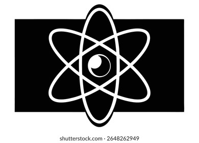 Uma silhueta branca simples de um átomo em um fundo retangular preto O estilo é minimalista e gráfico