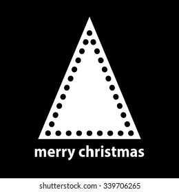 Simple white silhouette of triangle christmas tree with balls on black background 