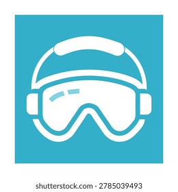 A simple white of ski goggles centered on a solid cyan blue square background. The flat winter sports equipment used for eye protection in snowy environments.