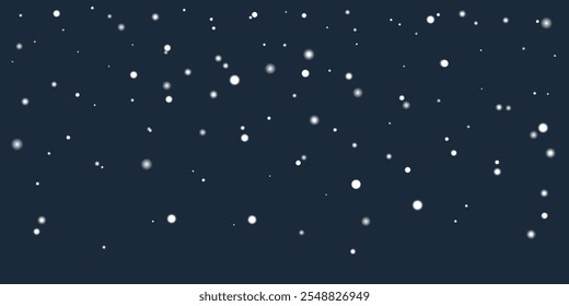 Partículas blancas simples de las escamas de la nieve que vuelan en fondo azul oscuro aislado. Ilustración vectorial