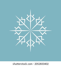 Einfache weiße Schneeflocke. Dekor zum Feiern. Vektorgrafik einzeln auf blauem Hintergrund.