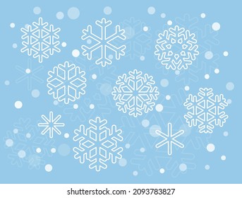 Sencillos copos de nieve blancos. Contorno blanco aislado en un fondo azul. Elementos de decoración.