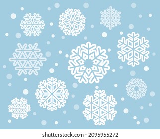 Simple white snowflakes. White contour isolated on a blue background. Elements for decoration.	