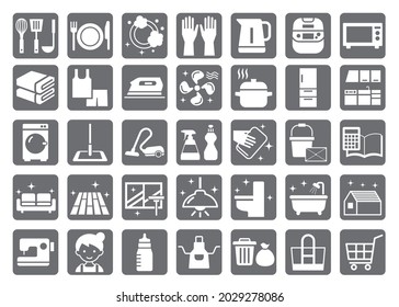 
Simple white square gray icon set for housework