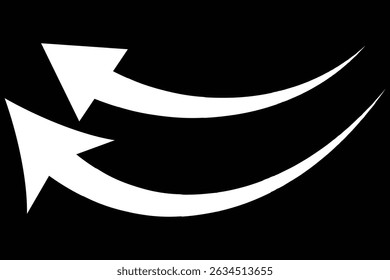 A simple, white, straight, curved arrows set on black background.  Arrow vector. 