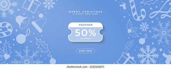 Simple White and Teal Blue Online Christmas 50% Voucher decorative christmas elements and Shop Now CTA Button. Pop up coupon with space for code and 50% off. Editable Vector Illustration. EPS 10.