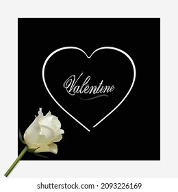 Simple White Valentine Abstract Heart And Decorative Text Over Black Background With 3D Illustration Of A Rose On The Bottom Left Corner