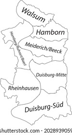 Simple white vector map with black borders and numeral names of districts of Duisburg, Germany