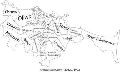 Simple white vector map with black borders and names of sectors of Gdansk, Poland