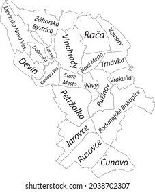 Simple white vector map with black borders and name tags of urban city boroughs of Bratislava, Slovakia