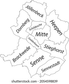 Simple white vector map with black borders and name tags of urban city districts of Bielefeld, Germany