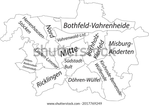 Simple white vector map with black\
borders and names of districts of Hanover,\
Germany
