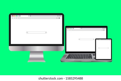 Simple white Web browser window with a green background. isolated with computers, laptops and iPad.