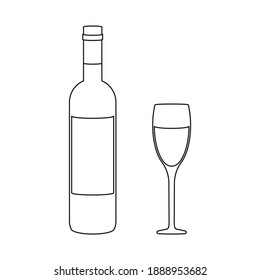 Simple white wine bottle and wine glass in outline vector