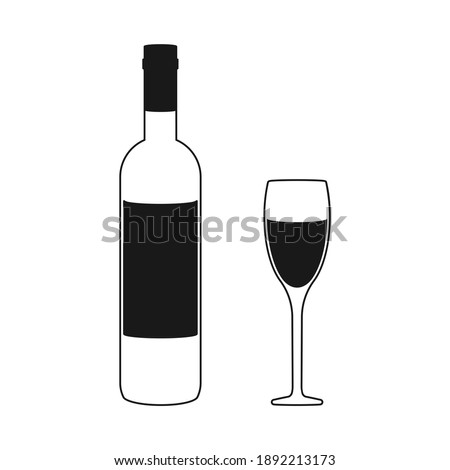 Simple white wine bottle and wine glass in vector icon