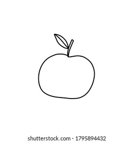 A simple whole Apple with a twig and leaf in the Doodle style. Fruit. Hand drawn and isolated on a white background. Black and white vector illustration