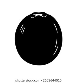 A simple whole coconut shown as a solid black silhouette icon. A minimalist graphic for tropical food, summer beverages, and cosmetics.