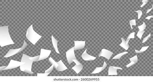Simple widescreen realistic vector of flying white blank papers on transparent background.