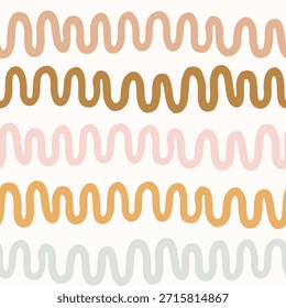 Simple wiggly wave lines arranged as minimalist irregular stripes pattern in colors of cream, brown, pink, yellow and gray on beige. Geometric abstract seamless vector pattern. Great for home decor, fabric, wallpaper, gift wrap, stationery, packaging design projects.
