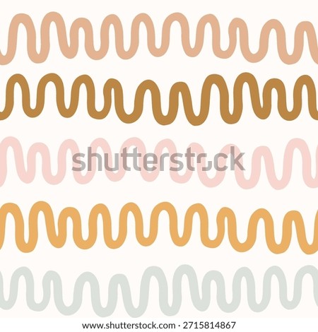 Simple wiggly wave lines arranged as minimalist irregular stripes pattern in colors of cream, brown, pink, yellow and gray on beige. Geometric abstract seamless vector pattern. Great for home decor, fabric, wallpaper, gift wrap, stationery, packaging design projects.