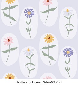 Simple wild flowers on light blue background seamless pattern
