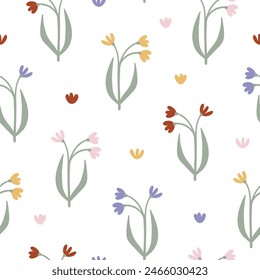 Simple wild flowers on white background seamless pattern