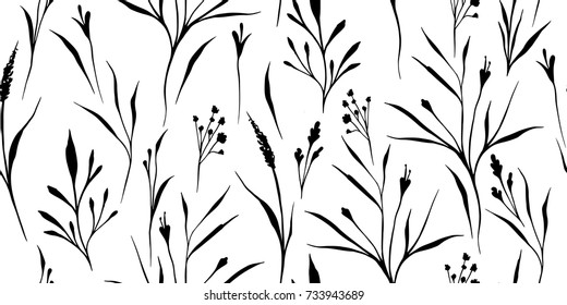 Simple wild grass background. Seamless floral texture for wrapping, fabric, wallpaper. Delicate nature pattern.