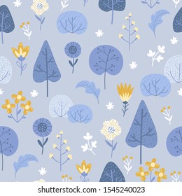Simple wildflowers on a blue background. Summer meadow print. Seamless pattern