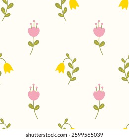 Simple Wildflowers Seamless Pattern. Cute tulip and bell flower background in flat style. Pastel colored floral ornament for greeting card, children, textile, wallpaper