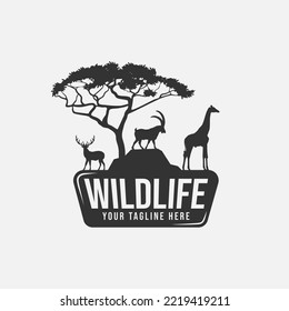 Simple Wildlife Logo or Black Simple Wildlife Logo Vector. Simple logo design for wildlife on black color. Alpine ibex, reindeer and giraffe illustration. For zoo logo.