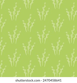 Simple willow seamless pattern in line art style. Hand drawn design package with silhouette of white branch. Vector illustration on a green background.