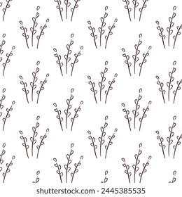 Simple willow seamless pattern in outline, line art style. Hand drawn background with silhouette of black branch. Vector illustration.