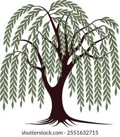 Simple willow tree vector features intricate 
branches and cascading leaves, symbolizing elegance and tranquility. Weeping willow tree vector, weeping willow vector, willow tree with roots, plants.