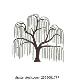 Simple willow tree vector features intricate 
branches and cascading leaves, symbolizing elegance and tranquility. Weeping willow tree vector, weeping willow vector, willow tree with roots, plants.