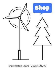 Una simple turbina de viento junto a un árbol de hoja perenne y una burbuja de discurso con la palabra Tienda. Ideal para Sitios web medioambientales, tiendas ecológicas, promociones de energías renovables, campañas de sostenibilidad