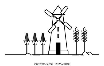 Molino de viento simple con maíz y trigo sobre un fondo liso. Ideal para temas agrícolas, estilo de vida rural, temporada de cosecha, equipos agrícolas y conceptos ecológicos. Estilo de arte de línea simple.