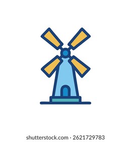 Simple windmill illustration with yellow blades and light blue body. The style is flat and modern with dark backdrop.