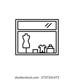 Simple window display line icon on white background for retail, merchandising, storefront, and visual marketing, SEO optimized.