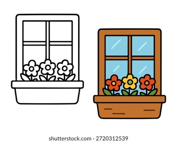 Einfaches Fenster mit Blumenkasten-Illustration mit einer farbigen Version und einer Umrissversion, niedlichen und minimalen Stil geeignet für Symbole, Aufkleber, Heimgrafiken, Kinderinhalte und Malseiten.